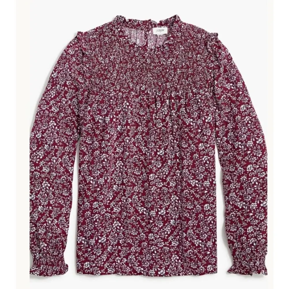 J. Crew Warm Burgundy Blue Bree Smocked Ruffleneck Top‎ Size Large
